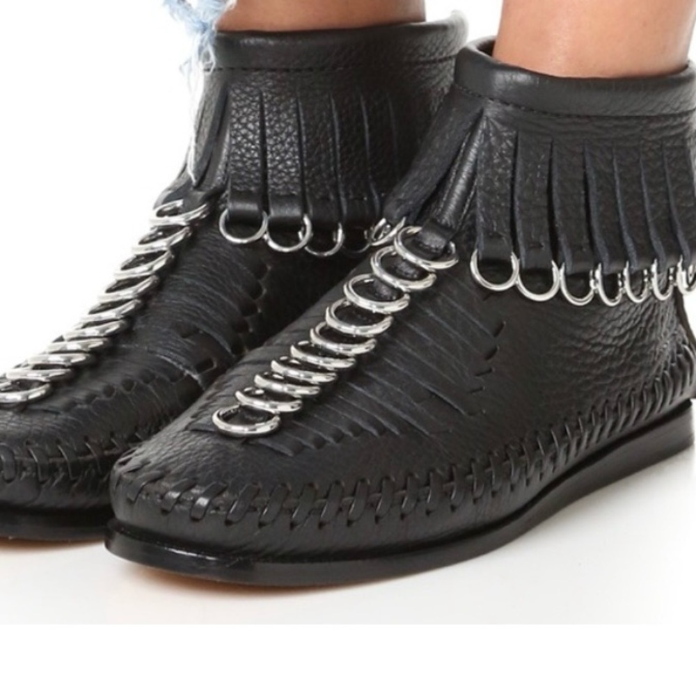 Alexander Wang Montana Ankle Booties Black Fringe Silver Rings Women Size 37 US7
